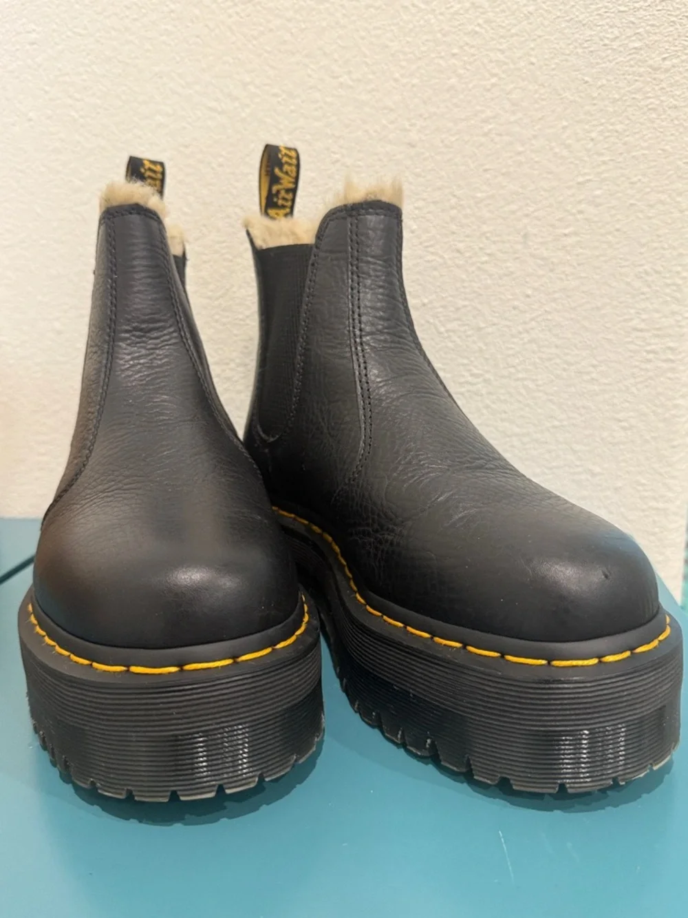 Dr. Martens Black Leather Platform Chelsea Boots with Faux Fur Lining